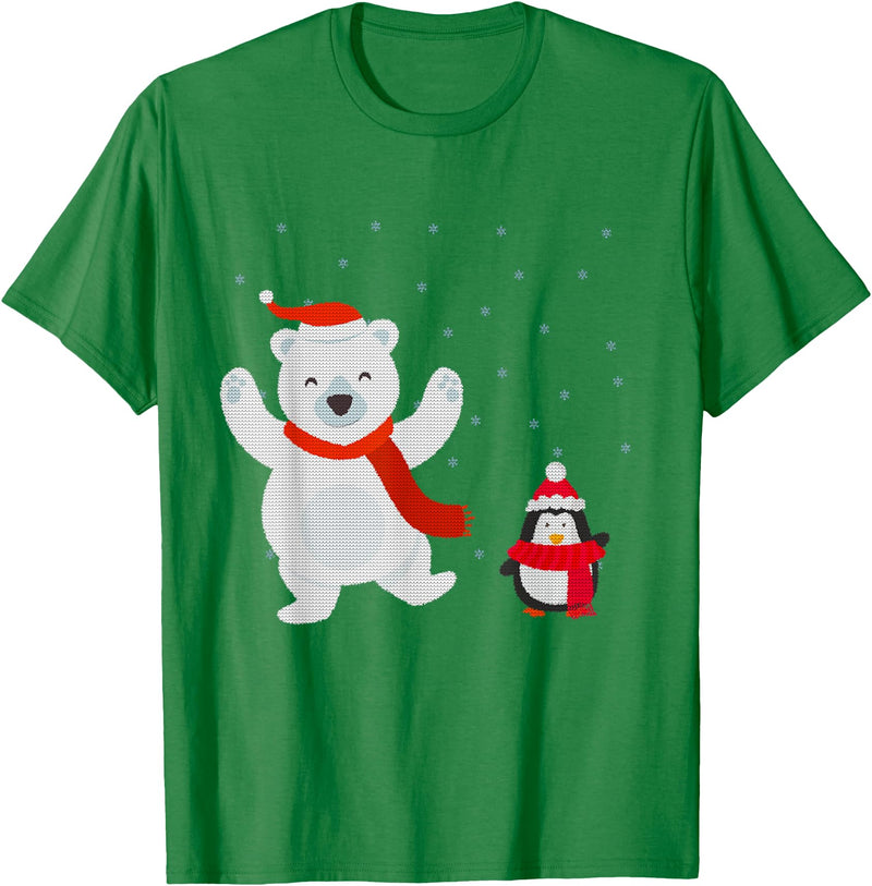North Pole Designs Co. Polar Bear and Penguin Celebrating Christmas T-Shirt Uni - Kelly Green