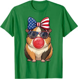 Cute Guinea Pig Bubble Gum Coquette Bow Girls Kids Patriotic Guinea Pig 4th of July Bow American Flag Girls T-Shirt - Kelly Green