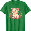 Cute Farm Piglet With Wildflowers Pastel Kawaii Baby Pig Surrounded by Colorful Flowers T-Shirt - Kelly Green