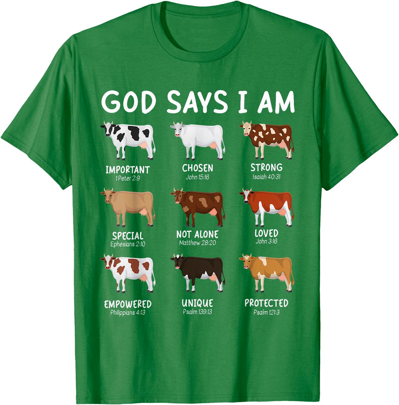God Says I Am Christian Bible Verse Apparel God Says I Am Cute Heifer Cow Bible Verse Christian T-Shirt - Kelly Green
