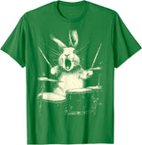 Cute Rabbit Playing Drums Funny Music Animal Drummer Graphic T-Shirt in Kelly Green