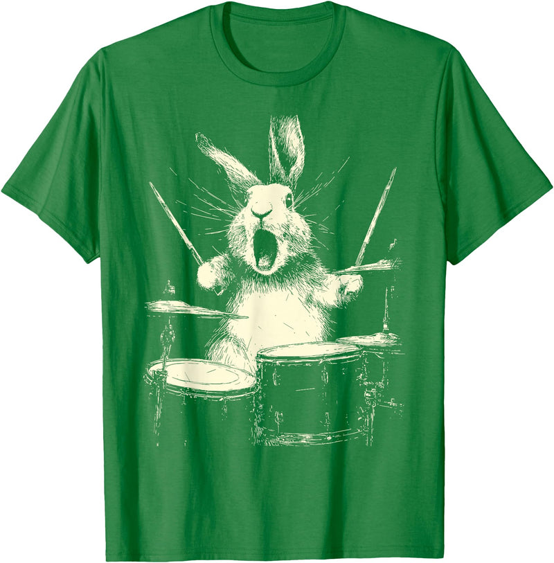 Cute Rabbit Playing Drums Funny Music Animal Drummer Graphic T-Shirt in Kelly Green
