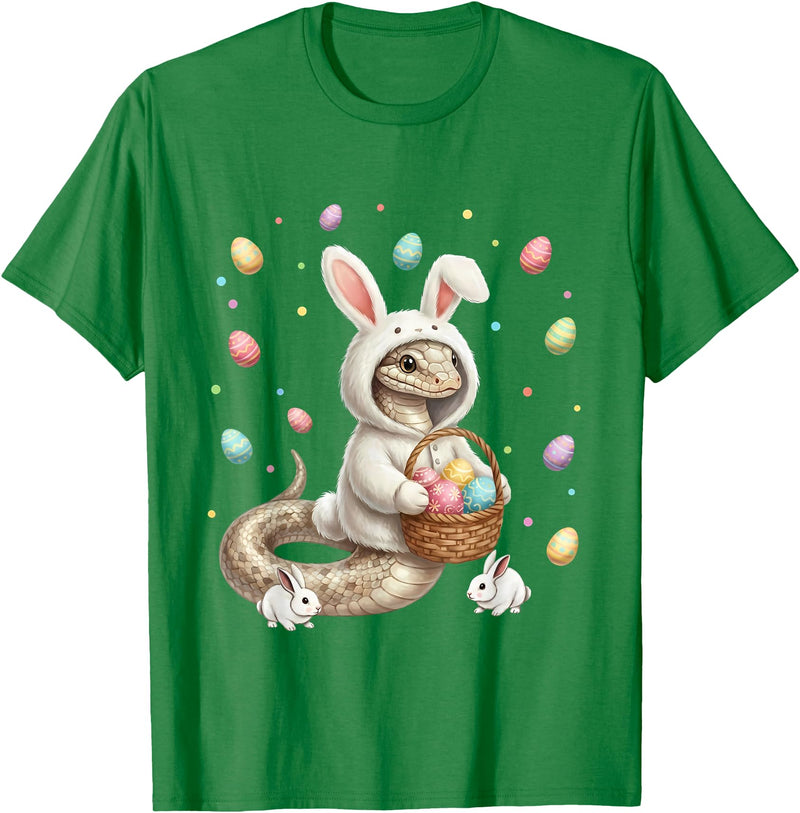 Cute Easter Bunny Rabbit with Eggs Whimsical Snake Design T-Shirt in Kelly Green