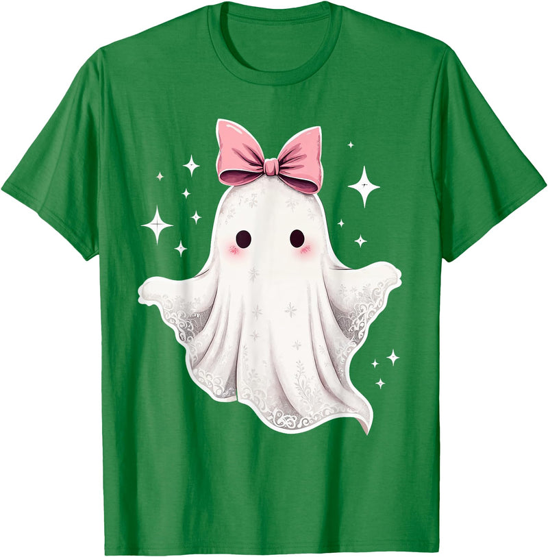 Halloween Ghost Coquette Bow Tee Ghost Coquette Bow Halloween Kawaii Girls Women Spooky T-Shirt - Kelly Green
