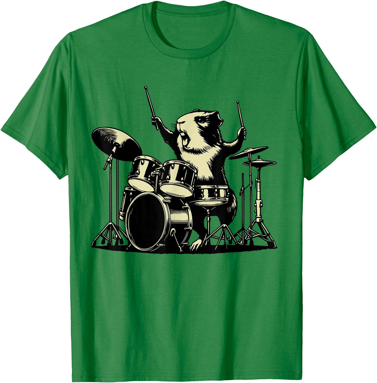 Retro Drummer Guinea Pig Lover Rock Design Guinea Pig Drummer Rock Drummer Guinea Pig Playing Drums T-Shirt - Kelly Green
