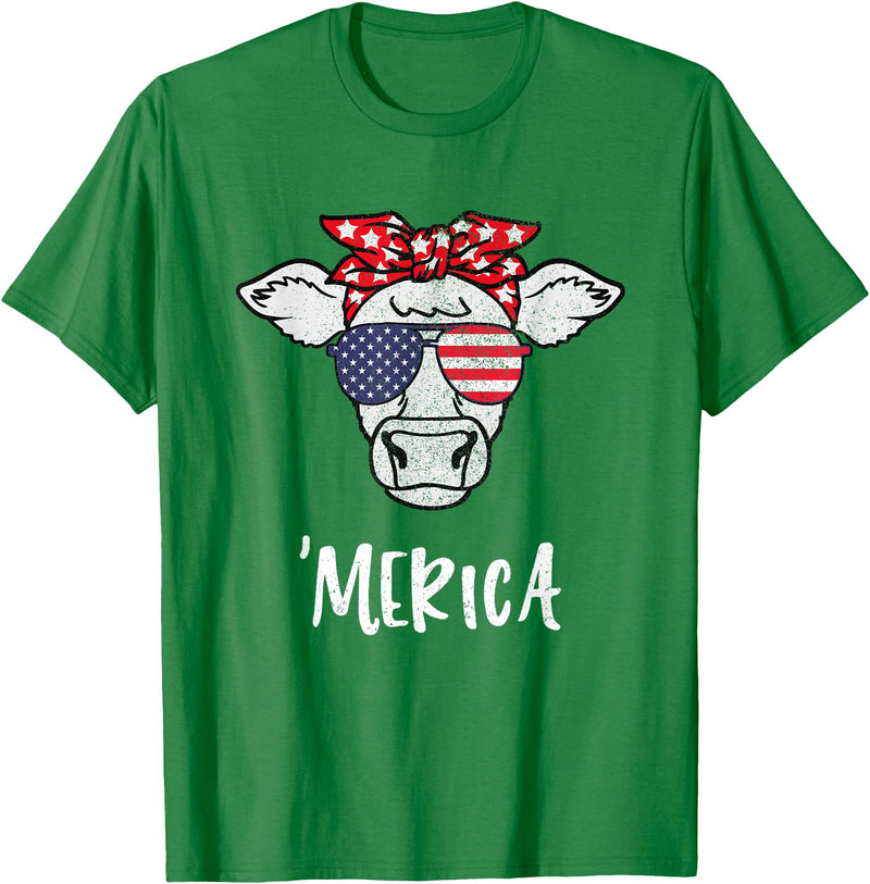 Funny Merica Cow America 4th Of July Retro Vintage Merica American Cow American Flag Retro Vintage Patriotic T-Shirt - Kelly