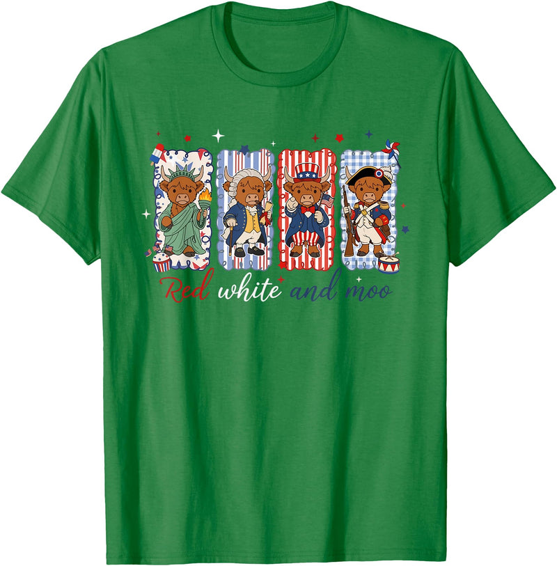 Red White Moo Patriotic Highland Cow Red White and Moo Highland Cow USA 4th of July 250th Years T-Shirt - Kelly Green