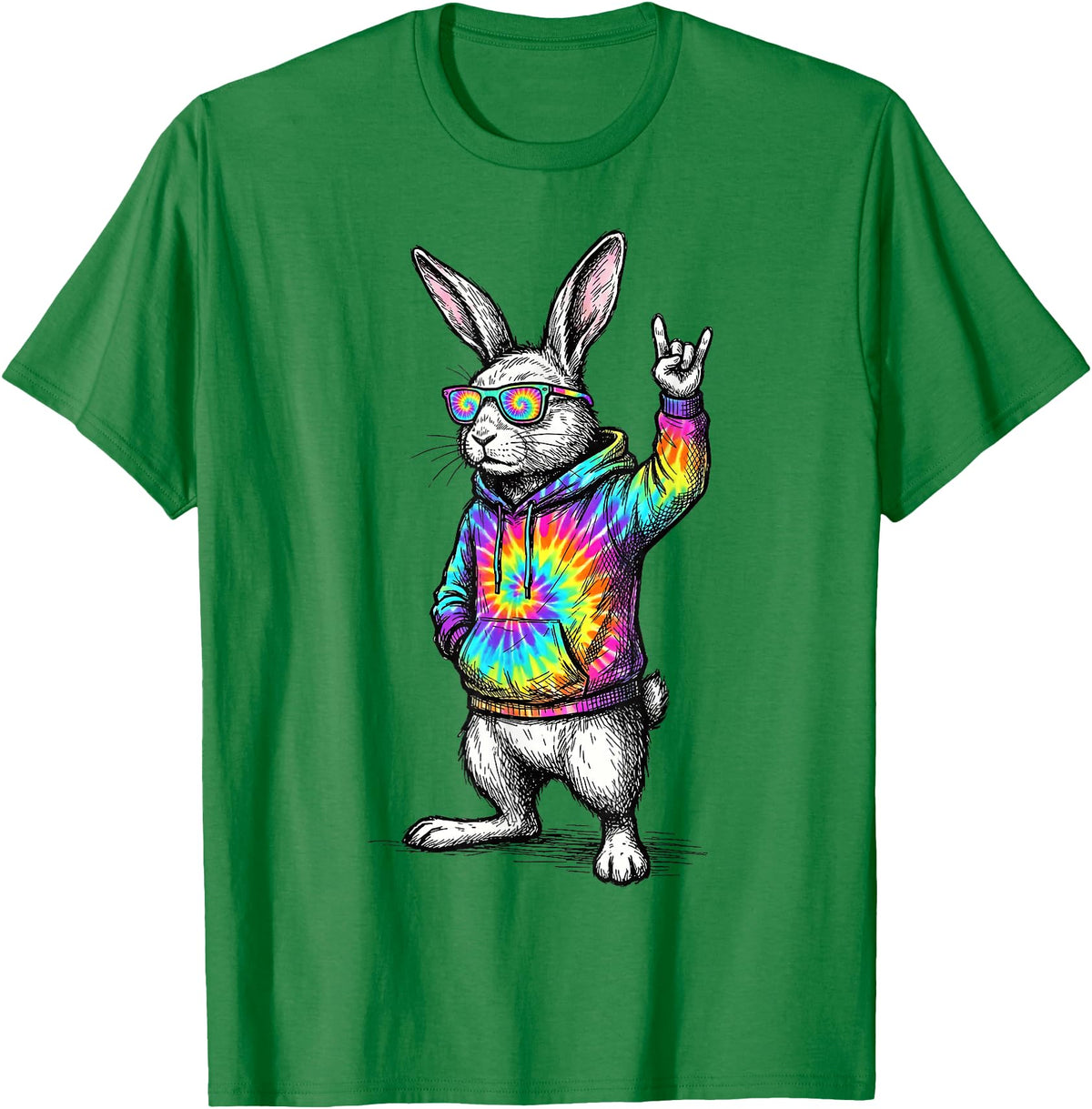 Cute Easter Bunny Rock Rabbit Sunglasses Happy Easter T-Shirt in Kelly Green