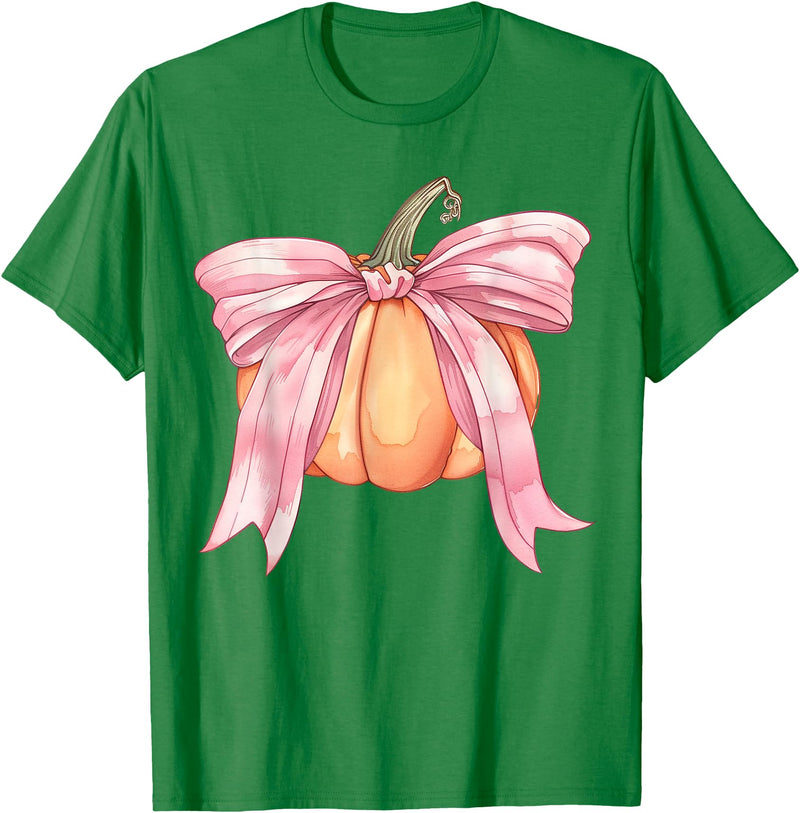 Coquette Halloween Tees NYC Coquette Autumn Pumpkin Pink Bow Girly Halloween Fall Women T-Shirt - Kelly Green