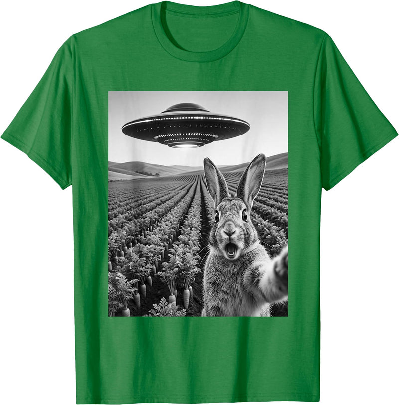 Rabbit Selfie with Alien UFO Funny Rabbit Lover Men Women T-Shirt in Kelly Green