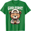 Christian Hip Hop Hustle Praying Teddy Bear Design God First Hip Hop Teddy Bear Cross Christian Streetwear Pray T-Shirt - Kelly Green