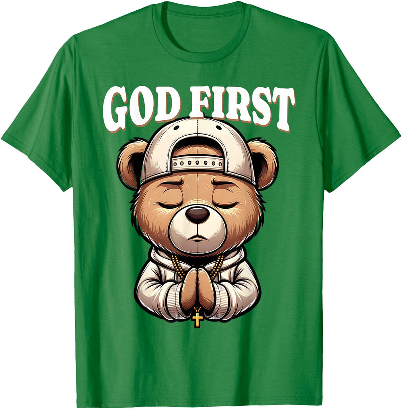 Christian Hip Hop Hustle Praying Teddy Bear Design God First Hip Hop Teddy Bear Cross Christian Streetwear Pray T-Shirt - Kelly Green