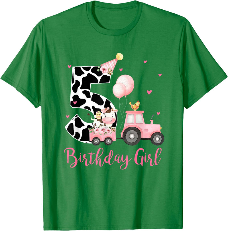 Milk Cow Print 5 Year Old Girl Birthday Gift 5th Birthday Outfit Girl 5 Year Old Farm Cow Chick Tractor T-Shirt - Kelly Green