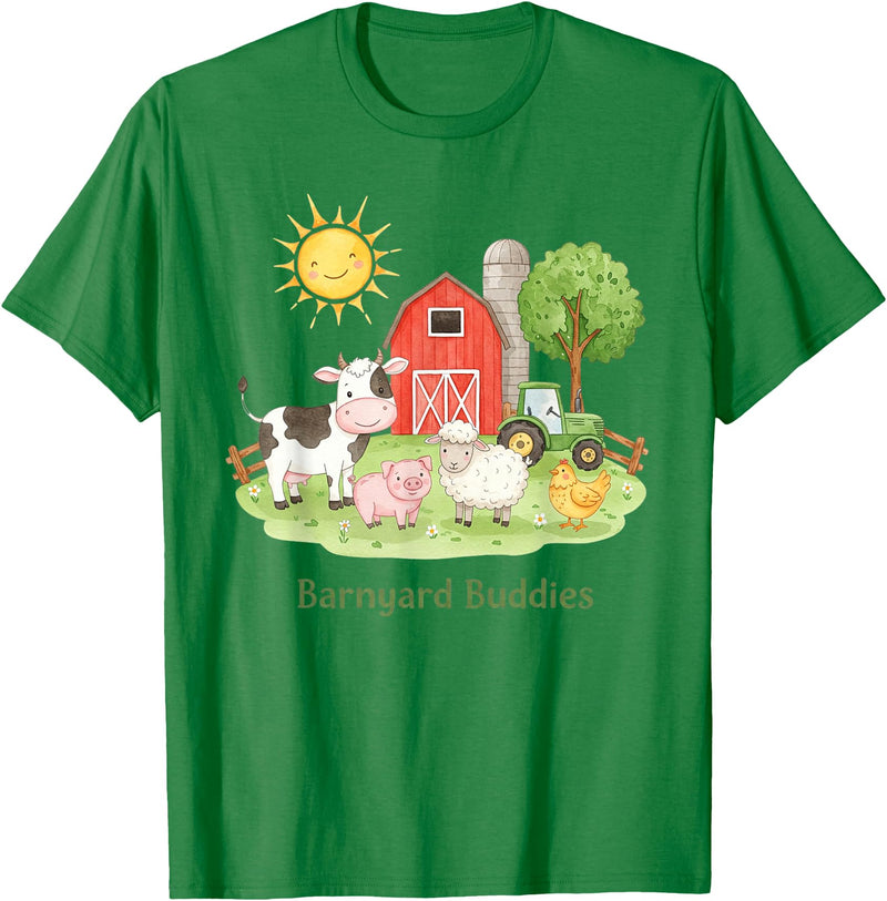 Little Barnyard Farm Apparel For Toddler & Kids Barnyard Buddies Cute Cow Sheep Pig Hen On The Farm Barnyard T-Shirt - Kelly Green