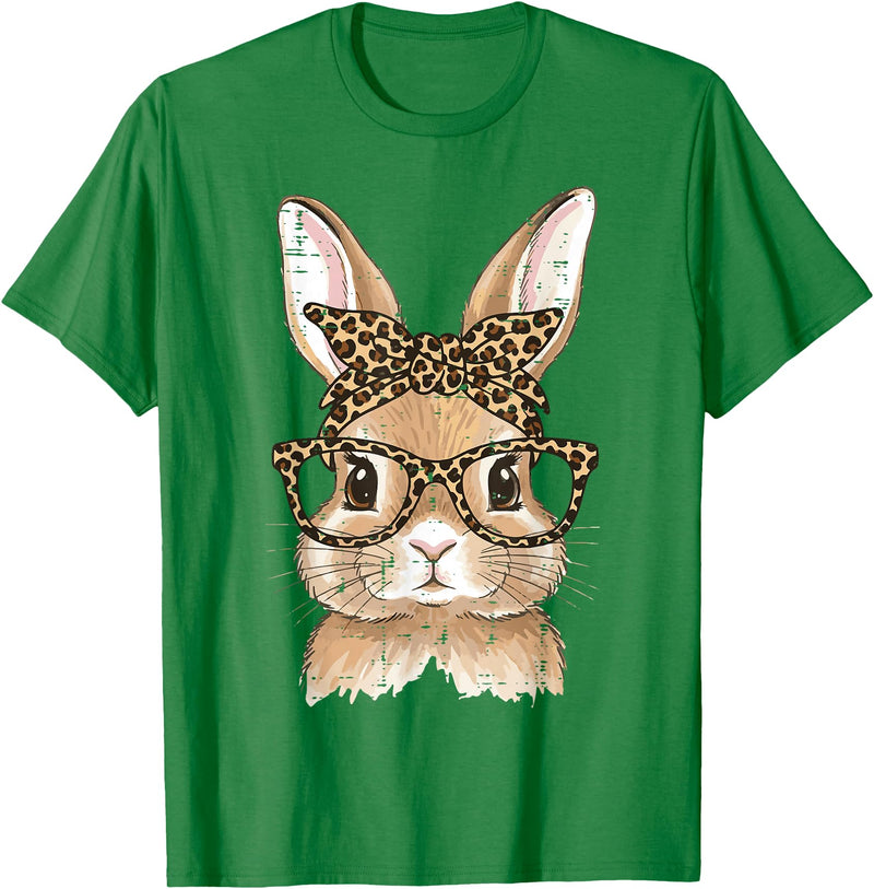 Easter Bunny Leopard Glasses Bandana Rabbit Women Girls Kids T-Shirt in Kelly Green