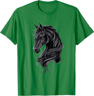 Artful Horse Designs Black Horse Portrait – Friesian Horse T-Shirt - Kelly Green