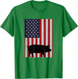 Farm Pig Patriotic United States Flag Kids Animal Patriotic Pig Silhouette American Flag Farm Kids Fourth T-Shirt - Kelly Green