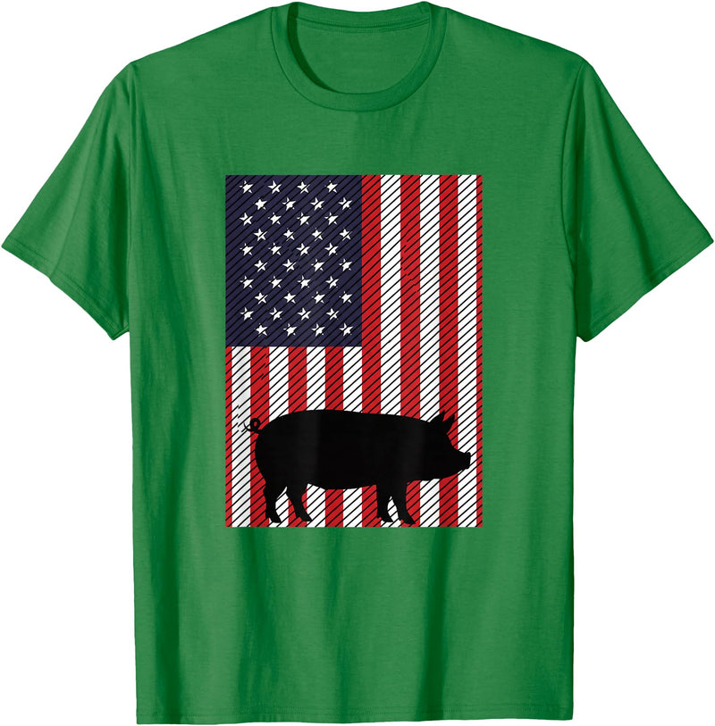 Farm Pig Patriotic United States Flag Kids Animal Patriotic Pig Silhouette American Flag Farm Kids Fourth T-Shirt - Kelly Green