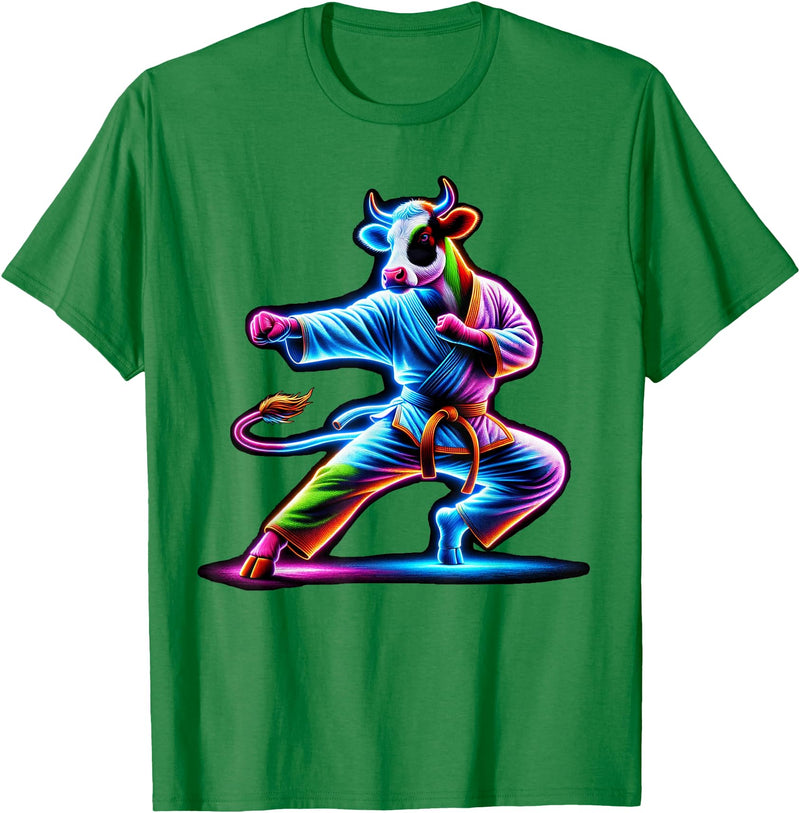 Cow Karate Black Belt Apparel Cow Karate Kick Punch Cute Funny Cool Martial Arts Cow T-Shirt - Kelly Green