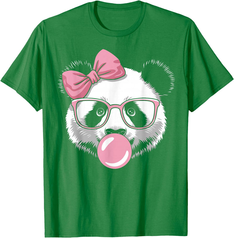 Panda Bear Bubblegum Panda Bear Wearing Glasses and Blowing Pink Bubble Gum T-Shirt - Kelly Green