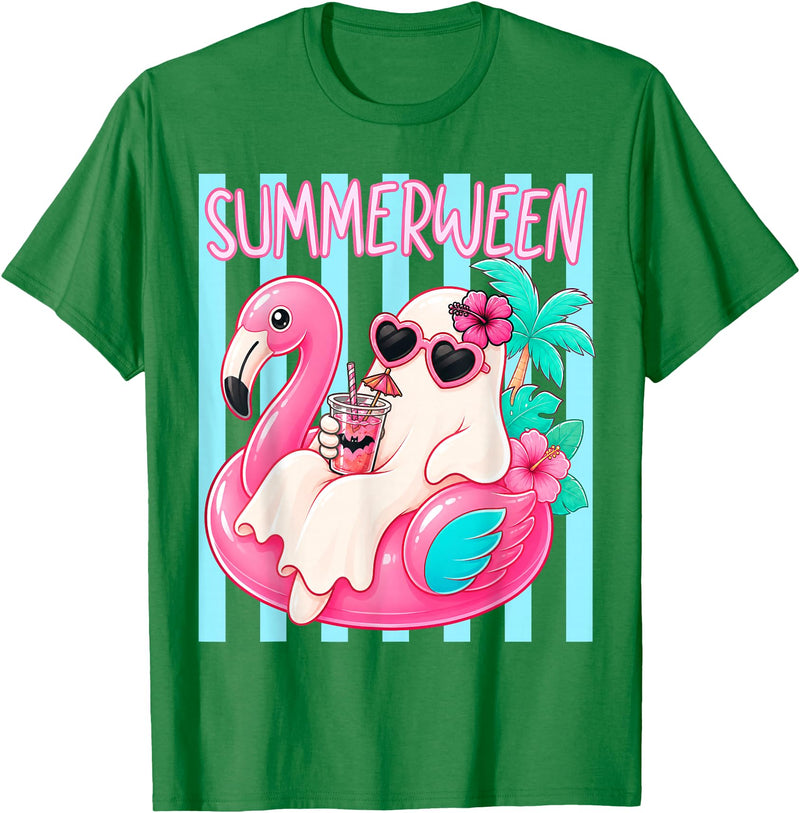 Funny Summerween Ghost Summer Halloween Vacation Summerween Funny Ghost Halloween Summer Floating in Flamingo T-Shirt -