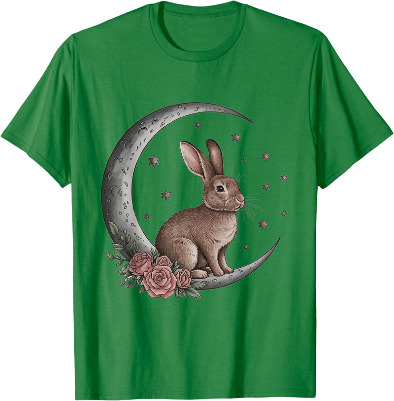 Vintage Bunny on the Moon Cute Goth Easter Rabbit T-Shirt in Kelly Green