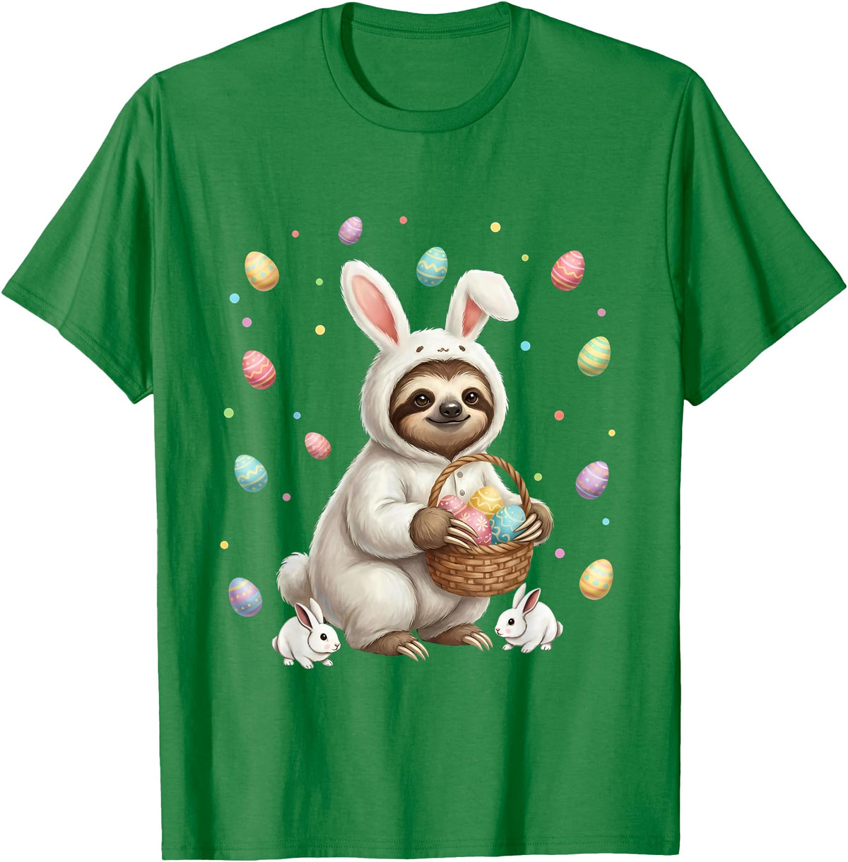 Cute Easter Bunny Rabbit with Eggs Whimsical Sloth Design T-Shirt in Kelly Green