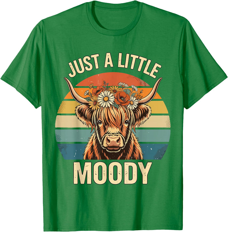 Just A Little Moody Funny Cow Tee Highland Cow Vintage Flower Funny Farm Farmer T-Shirt - Kelly Green