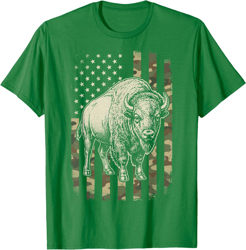 Usa Patriot American Bison Western Bufallo Bison USA Flag American Buffalo 4th of July T-Shirt - Kelly Green