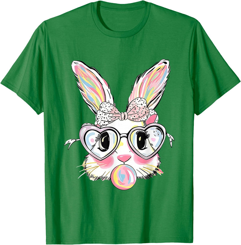 Cute Bunny Face Glasses Pink Bubble Gum Rabbit Happy Easter T-Shirt in Kelly Green