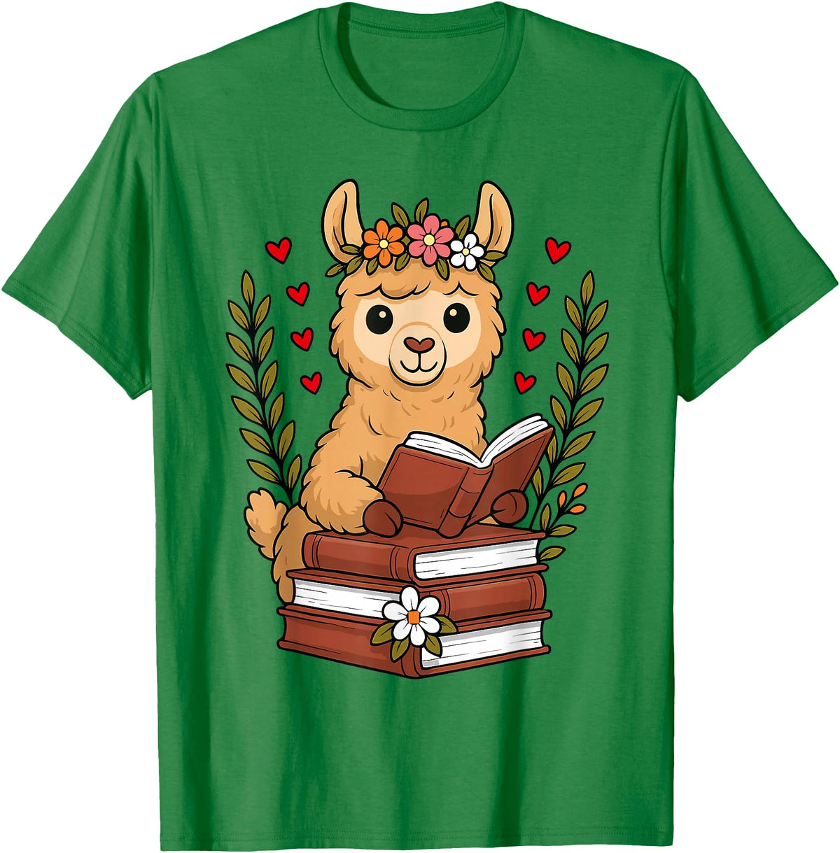 Bookworm Cute Llama Reading Book Llama Reading Book Graphic Llama with Book Floral T-Shirt - Kelly Green