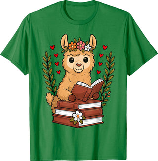 Bookworm Cute Llama Reading Book Llama Reading Book Graphic Llama with Book Floral T-Shirt - Kelly Green