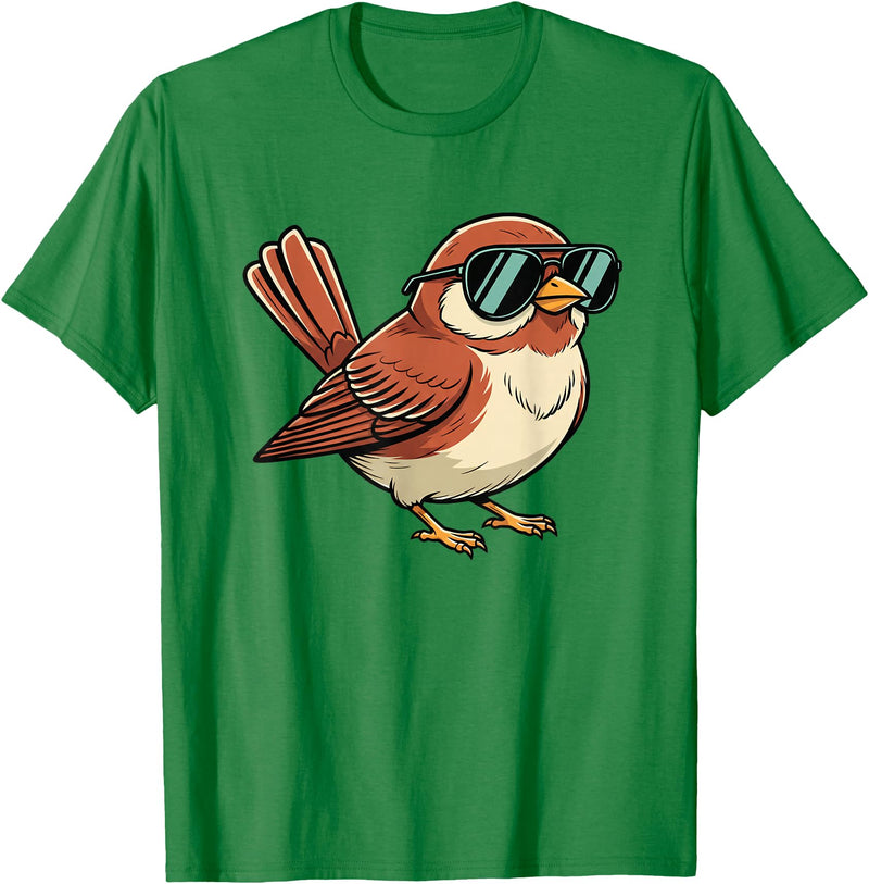 Chipper Feather Co Bird: Sparrow in Sunglasses, Cool Cartoon Avian Attitude T-Shirt - Kelly Green