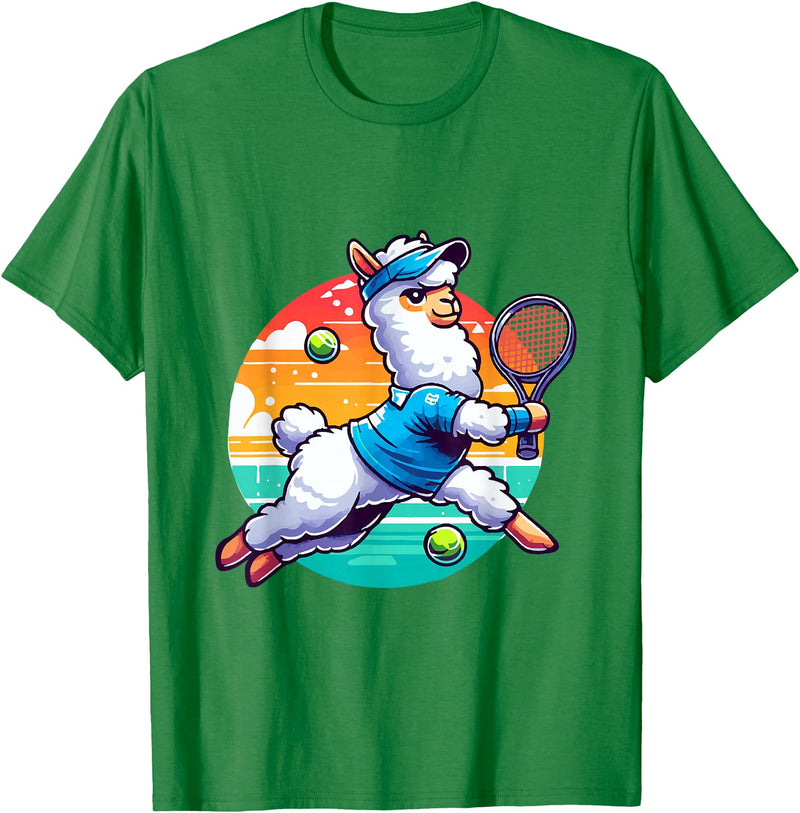 Funny Cute Animals Playing Tennis Apparel Llama Playing Tennis in Front of a Sunset T-Shirt - Kelly Green