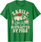 BALARI Easily Distracted by Pigs Funny Retro Pig Farmer Men Women T-Shirt - Kelly Green