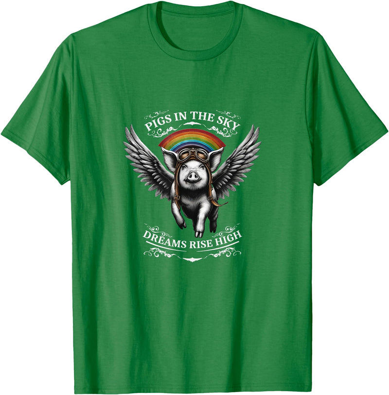 Schwein im Himmel – Träume steigen hoch Flying Pig with Wings in the Sky T-Shirt - Kelly Green