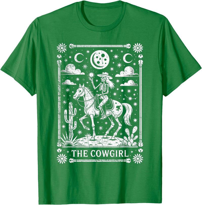 Funny Halloween Horse Costume Ideas And Gift Skeleton Cowgirl Riding Horse Tarot Card Gothic Halloween T-Shirt - Kelly Green