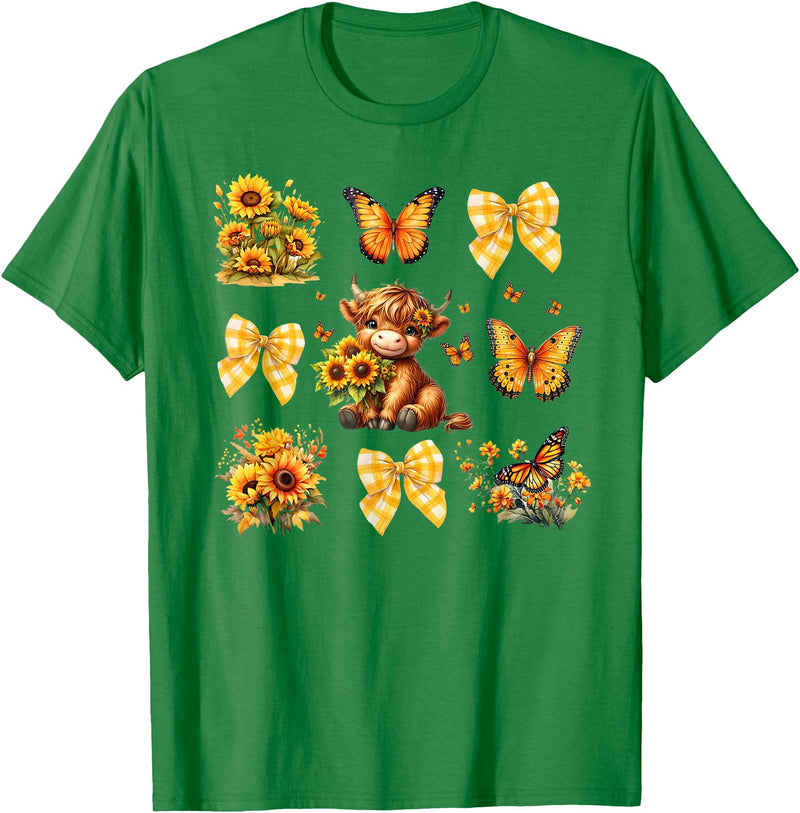 Coquette Bow Scottish Highland Cow Sunflower Shirt Baby Highland Cow With Sunflower Butterflies Farm Western T-Shirt - Kelly