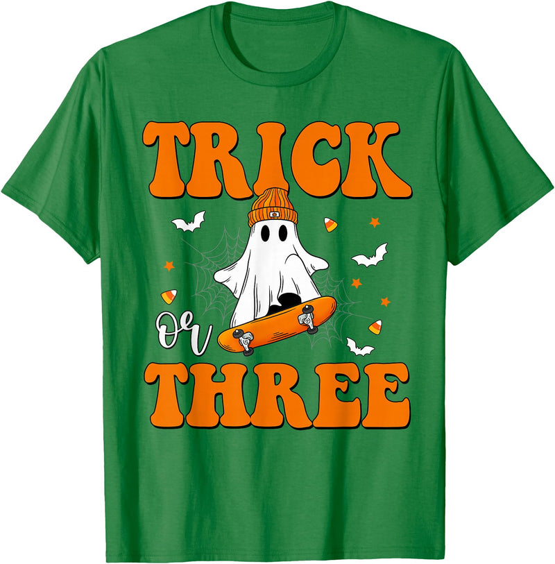 3 Year Old Boy Birthday Gift For Spooky Boys Kids Trick or Three 3rd Halloween Birthday Ghost Skateboarding T-Shirt - Kelly