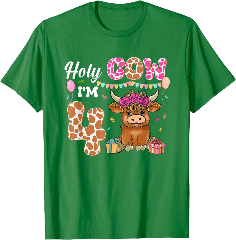 Holy Cow I'm 4 Highland Cow 4th Birthday Holy Cow I'm 4 Highland Cow Farming 4th Birthday 4 Years Old T-Shirt - Kelly Green
