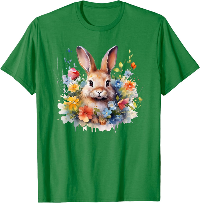 Bunny Rabbit Face Floral Watercolor Painting Love Bunnies T-Shirt in Kelly Green