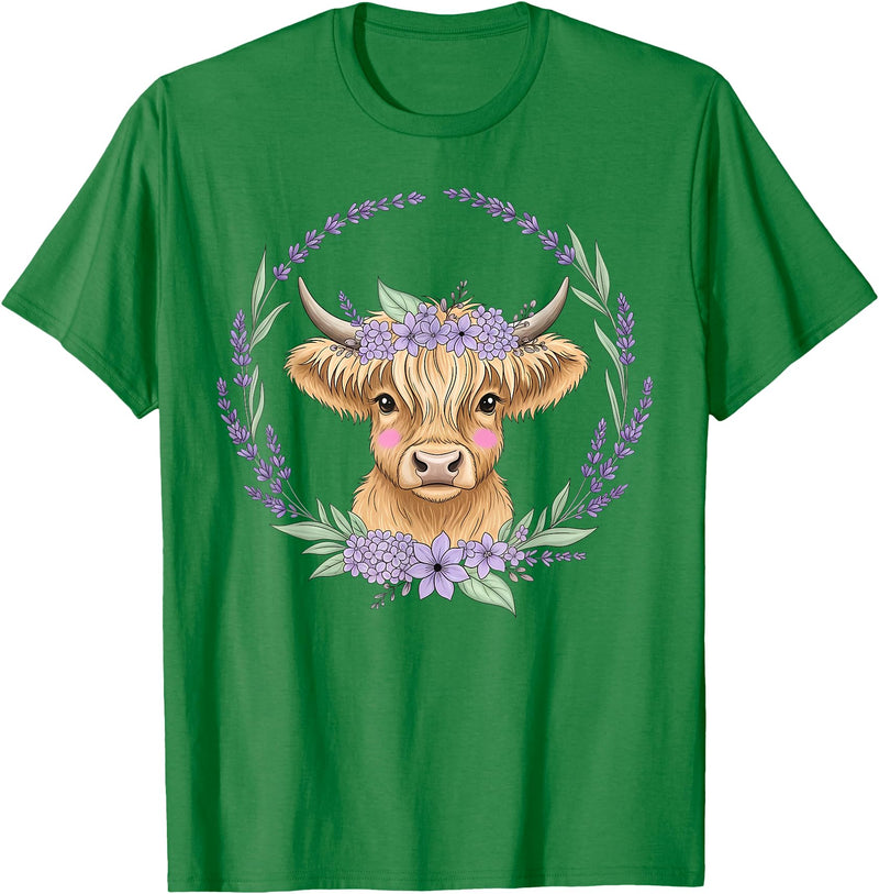 Unique Highland Cow Gifts Girls Cute Baby Highland Cow Design Purple Flowers Farm Toddler T-Shirt - Kelly Green