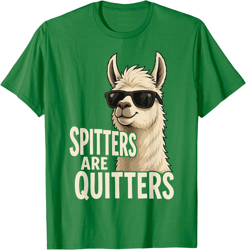 Inappropriate Funny Meme Tee Funny Llama Spitters are Quitters Adult Humor T-Shirt - Kelly Green