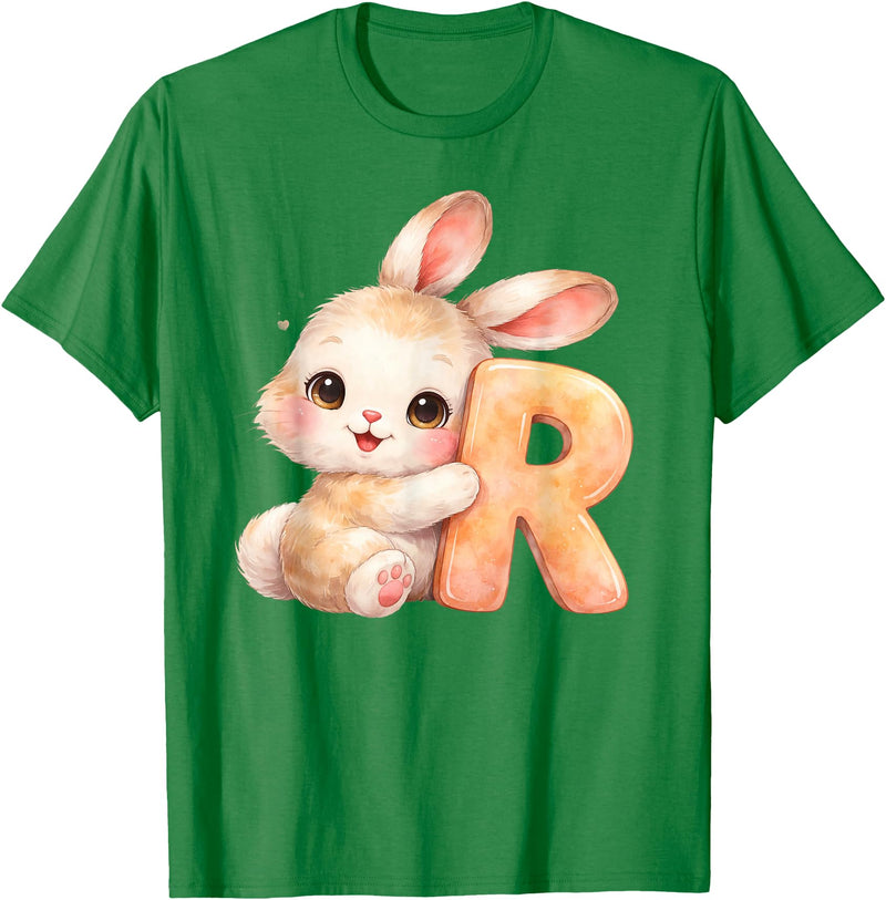 Letter R Rabbit Watercolor Cute Baby Animal Alphabet Initial T-Shirt in Kelly Green