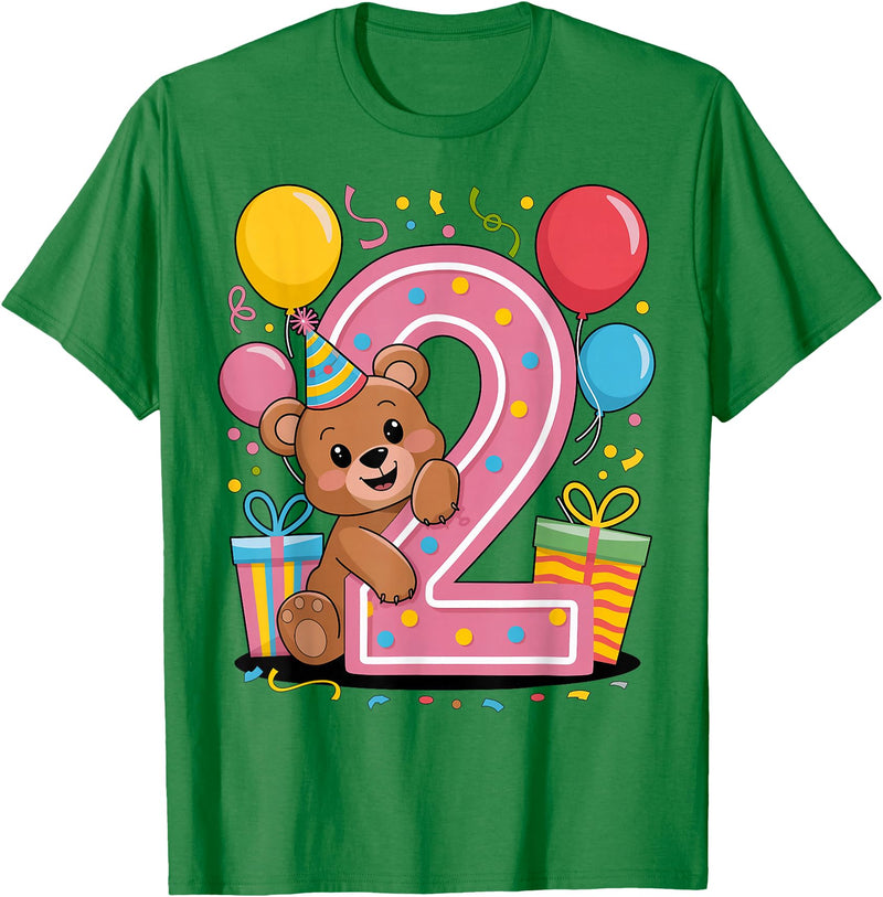 2nd Girls, Boys Bear 2 Birthday Bear 2nd birthday for boy girl 2 years old second two Bear T-Shirt - Kelly Green
