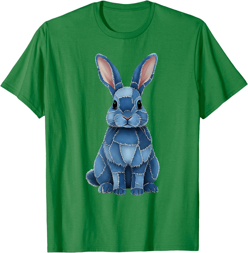 Funny Rabbit Bunny Easter Blue Denim Patchwork Style Animal T-Shirt in Kelly Green