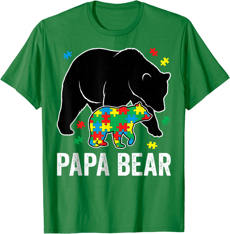 Autism Awareness Neurodiversity Support Apparel Papa Bear Autism Awareness Puzzle Neurodiversity Support T-Shirt - Kelly Green