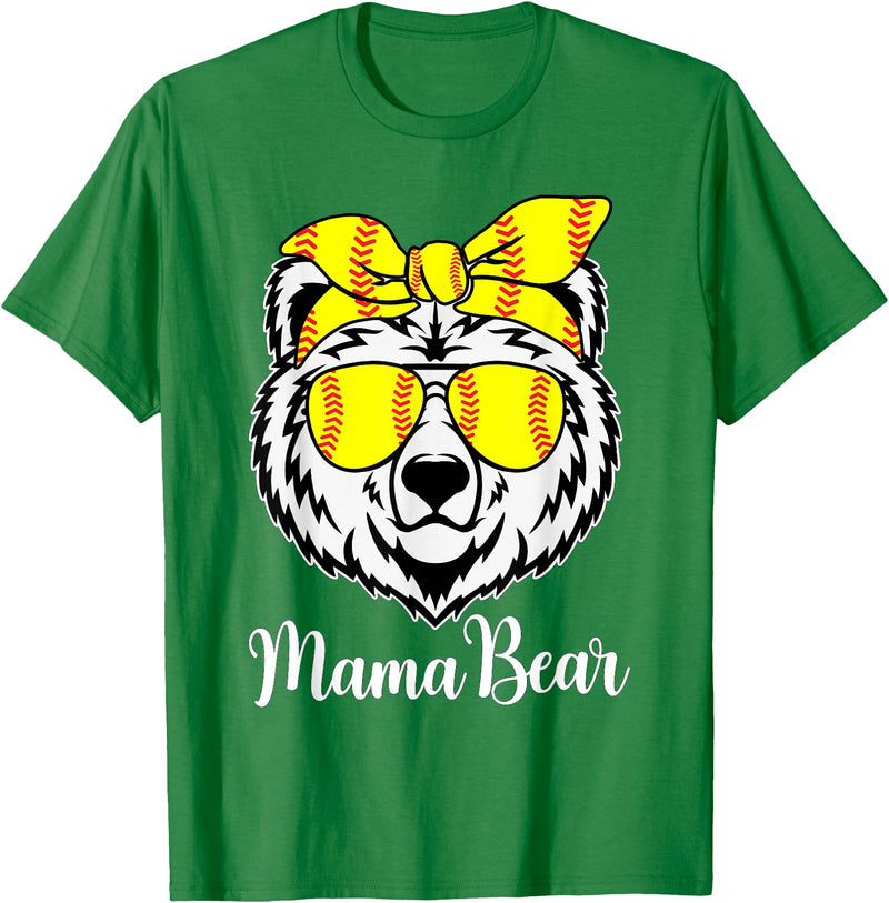 Mama Bear Face Apparel Softball Mama Bear With Sunglasses Bandana Momma Mothers Dy T-Shirt - Kelly Green