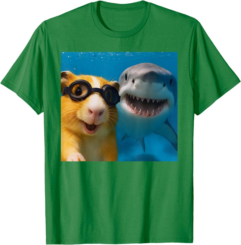 Selfie Guinea Pig and Shark Summer Scuba Diving Funny Guinea Pig Selfie with Shark Ocean Lovers T-Shirt - Kelly Green