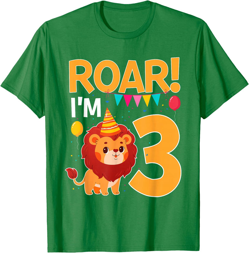 Lion 3rd Birthday Gift Roar I'm 3 Birthday Lion Theme 3 Year Old Lion Lover T-Shirt - Kelly Green